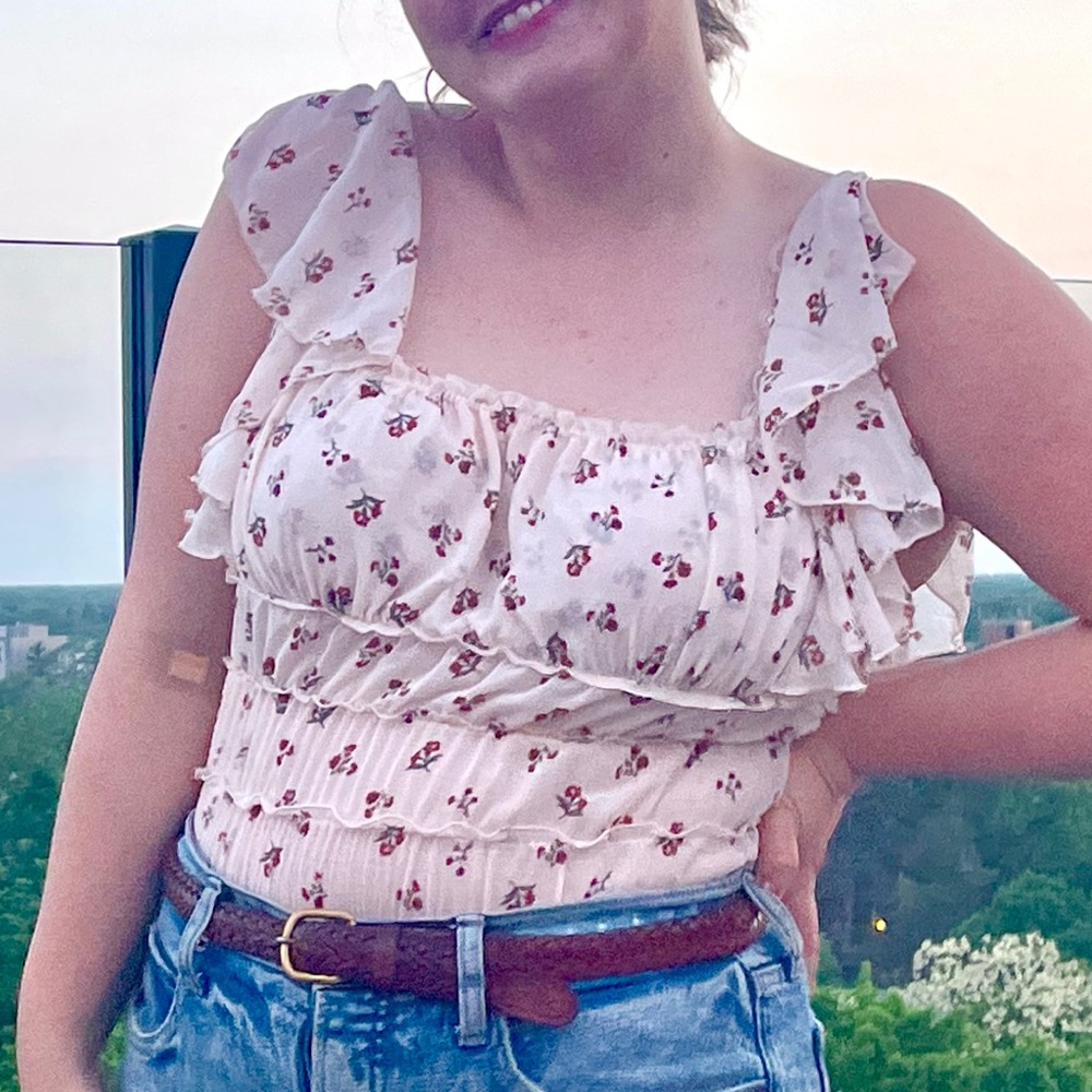 Free People Cream Floral Ruffle Bodysuit